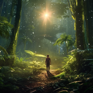 Midjourney: “A traveler about to venture into an unknown jungle with a start guiding him.”
